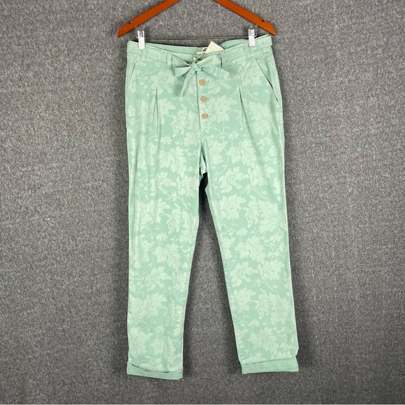NWT Sundance Women’s 8 Bastille Easy Pants Green Floral Boho Button Fly Cuffed - Picture 2 of 14